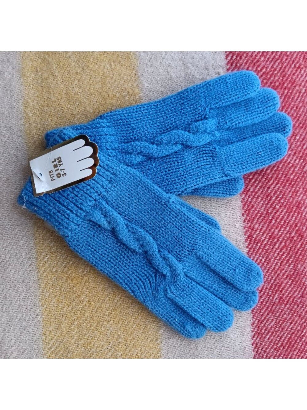 New Vintage Girls Blue Cable Knit Gloves Fits 3-7 Yrs Winter Warm Acrylic Blend